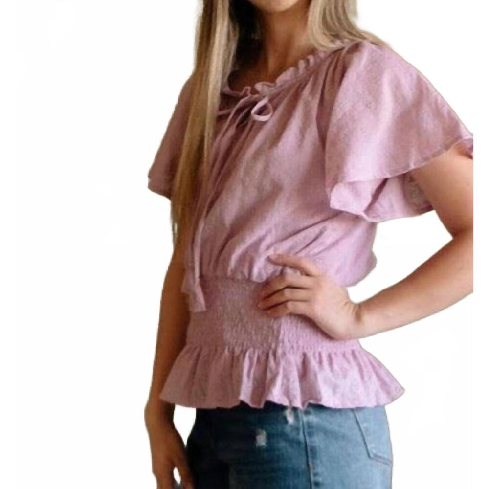 NEW IN-LOOM ballota eyelet flutter sleeve top in pinkish lavender